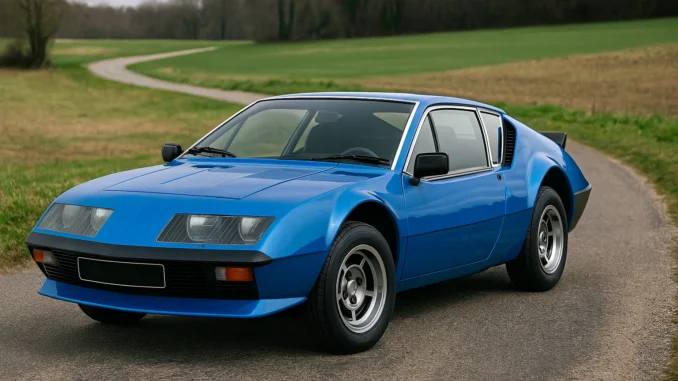 Alpine A310 bleue des années 1970, vue de trois-quarts avant sur route de campagne
