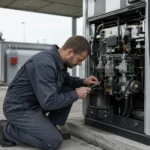 Technicien de maintenance agenouillé inspectant le mécanisme ouvert d’une pompe à carburant dans une station d’entreprise.