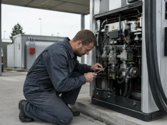 Technicien de maintenance agenouillé inspectant le mécanisme ouvert d’une pompe à carburant dans une station d’entreprise.