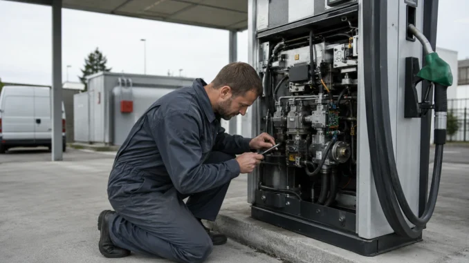 maintenance station carburant Technicien de maintenance agenouillé inspectant le mécanisme ouvert d’une pompe à carburant dans une station d’entreprise.