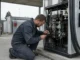 Technicien de maintenance agenouillé inspectant le mécanisme ouvert d’une pompe à carburant dans une station d’entreprise.